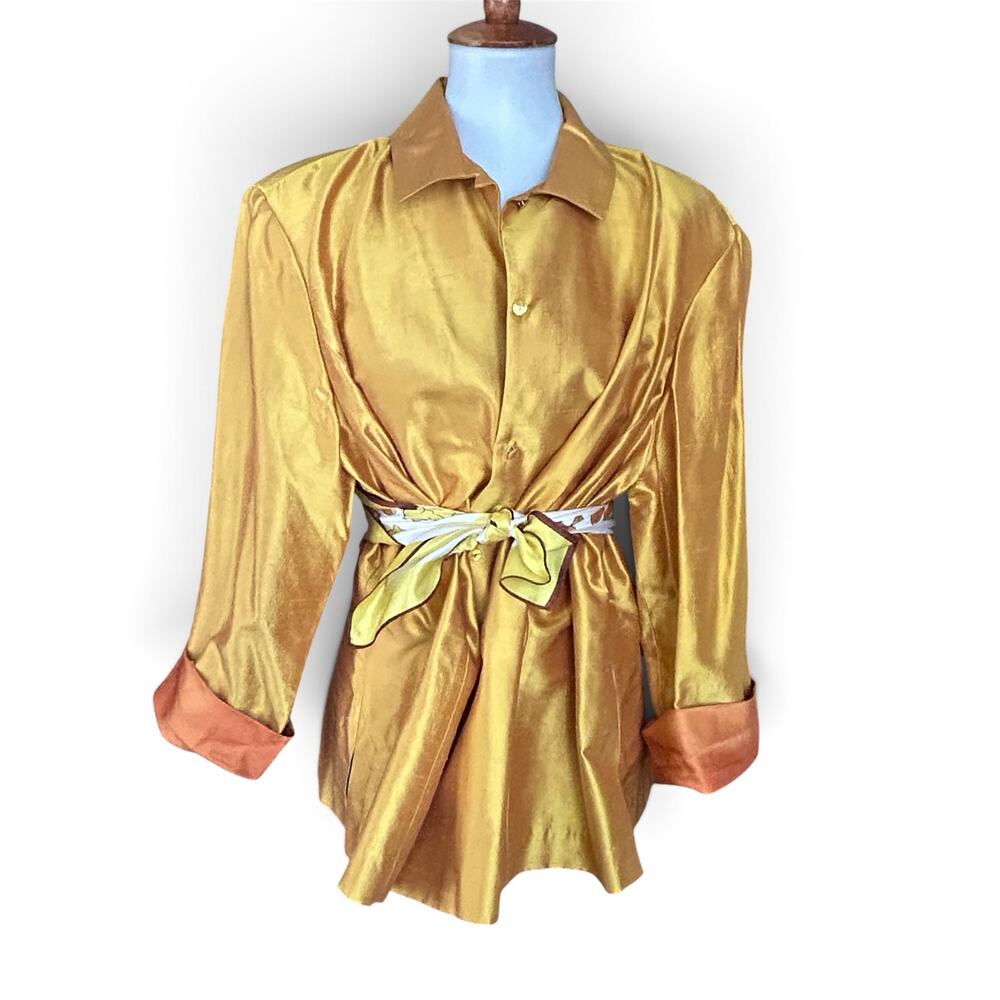 Vintage Dana Buchman Woman Silk Dupioni Gold Orange Button Down Tunic Shirt